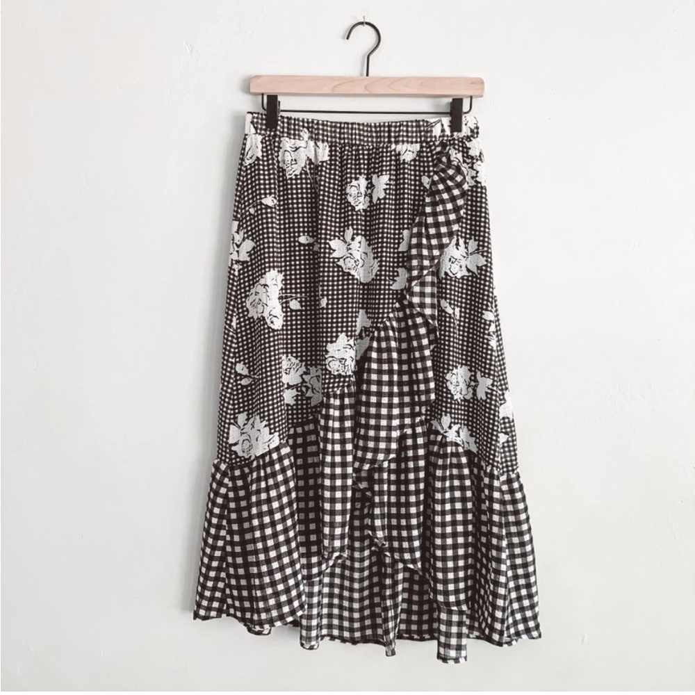 Anthropologie Spense Black & White Gingham Floral Midi Skirt